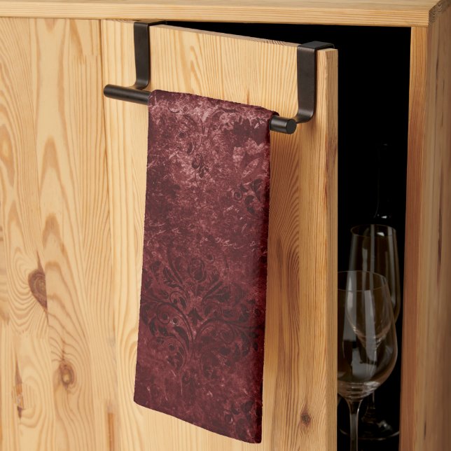 Velvety Henna Damask | Red Distressed Grunge Kitchen Towel (Thirds Fold)