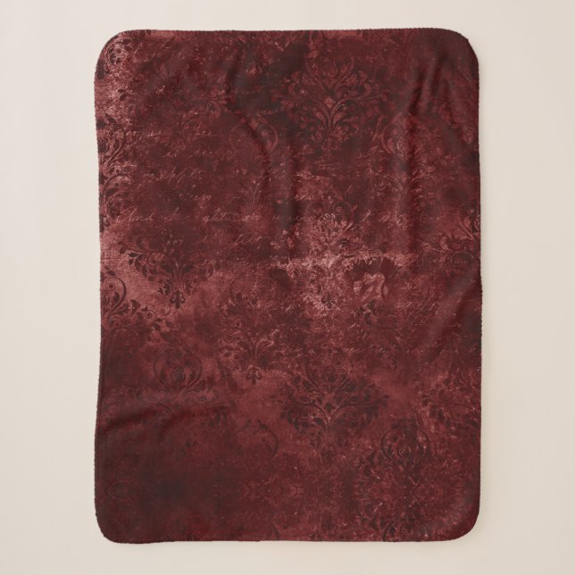 Velvety Henna Damask | Red Distressed Grunge Sherpa Blanket (Front)