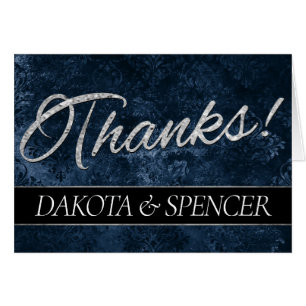 Velvety Navy Damask Carte de remerciements bleu