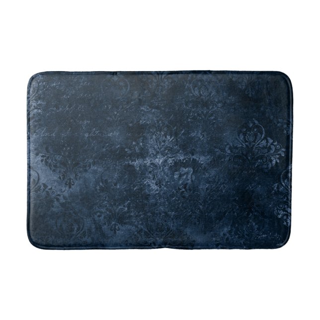 Velvety Navy Damask | Dark Blue Grunge Baroque Bath Mat (Front)