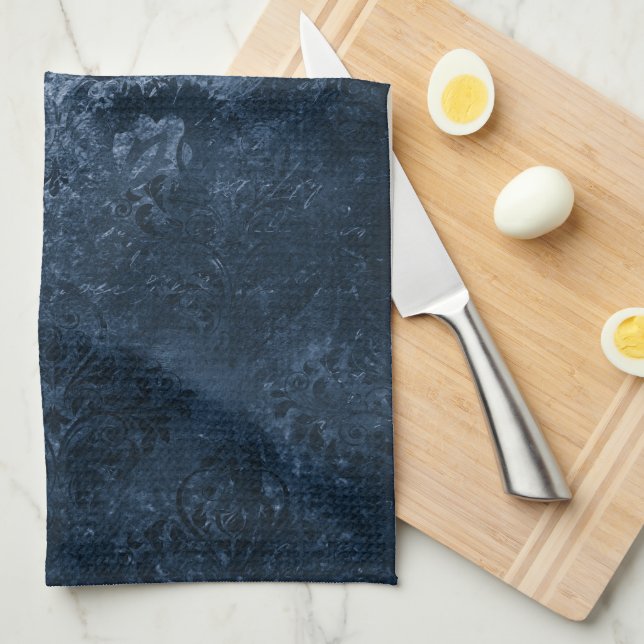 Velvety Navy Damask | Dark Blue Grunge Baroque Kitchen Towel (Quarter Fold)
