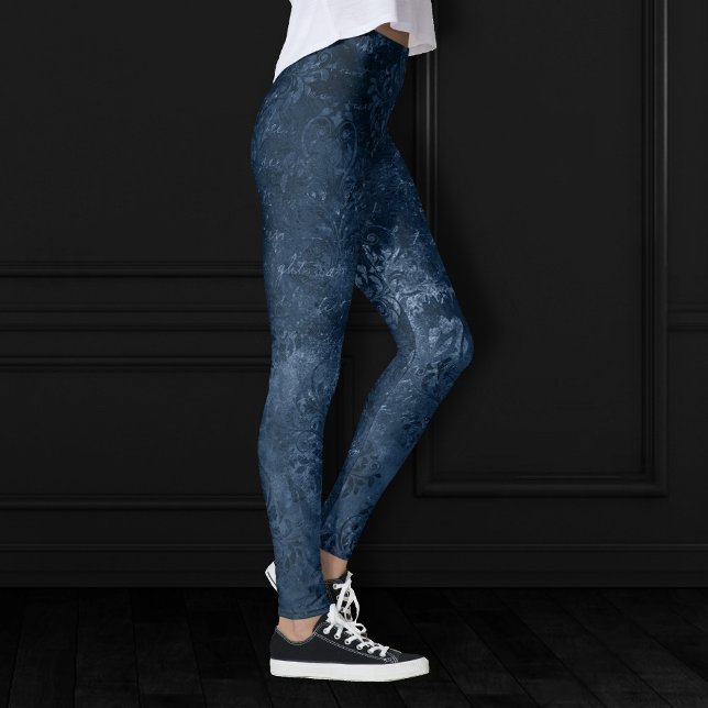 Velvety Navy Damask | Dark Blue Grunge Baroque Leggings (Creator Uploaded)