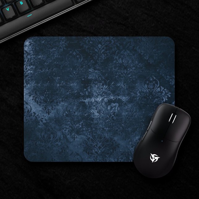 Velvety Navy Damask | Dark Blue Grunge Baroque Mouse Pad (Creator Uploaded)