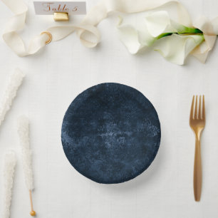 Velvety Navy Damask   Dark Blue Grunge Baroque Paper Plate