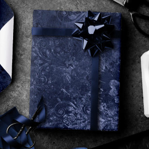 Velvety Navy Damask   Dark Blue Grunge Baroque Wrapping Paper