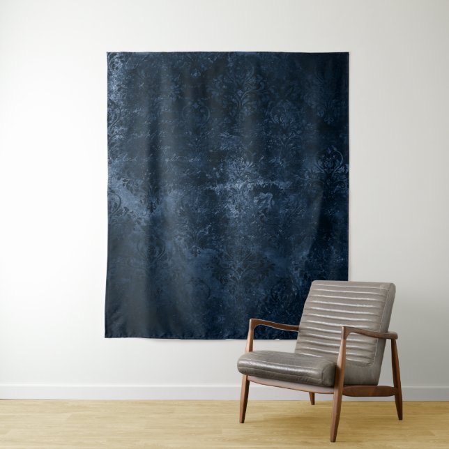 Velvety Navy Damask | Dark Blue Grunge Photo Booth Tapestry (In Situ)