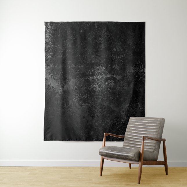 Velvety Onyx Damask | Black Grunge Photo Backdrop Tapestry (In Situ)