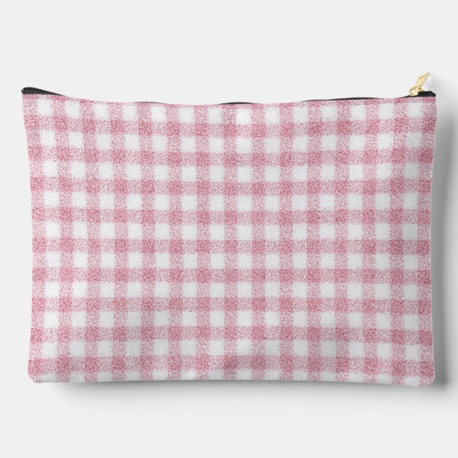 Velvety Pink and White Gingham Charm Accessory Pouch (Back)