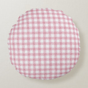 Velvety Pink and White Gingham Charm Round Pillow