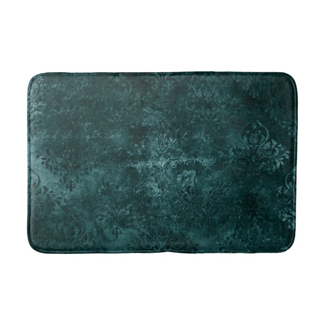 Velvety Teal Damask | Dark Green Grunge Baroque Bath Mat (Front)