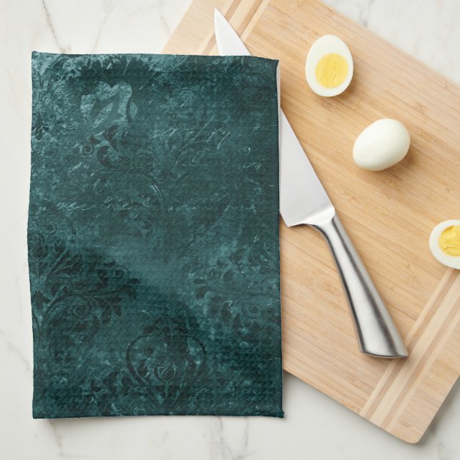 Velvety Teal Damask | Dark Green Grunge Baroque Kitchen Towel (Quarter Fold)