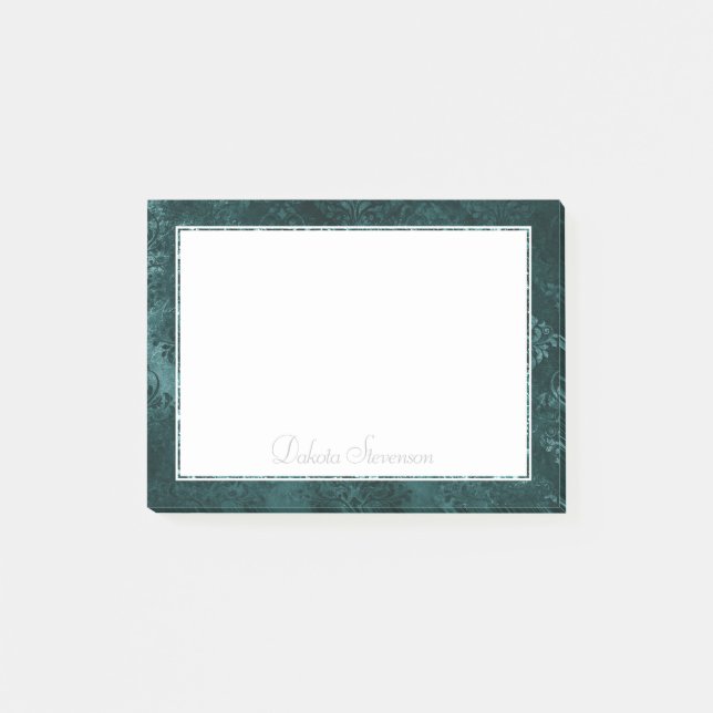 Velvety Teal Damask | Dark Green Grunge Baroque Post-it Notes (Front)