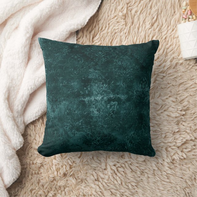Velvety Teal Damask | Dark Green Grunge Baroque Throw Pillow (Blanket)