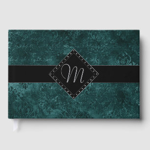 Velvety Teal Damask   Dark Green Grunge Custom Guest Book