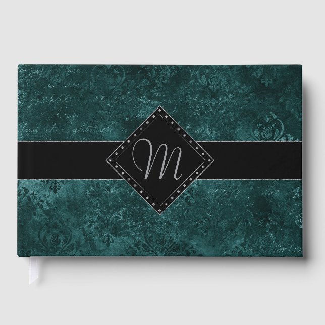 Velvety Teal Damask | Dark Green Grunge Custom Guest Book (Front)