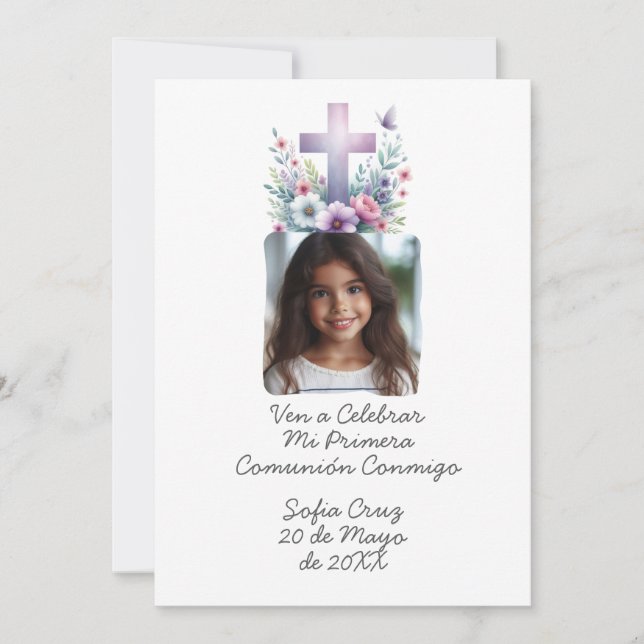 Ven A Celebrar Mi Primera Comunión con Foto Flores Invitation (Front)