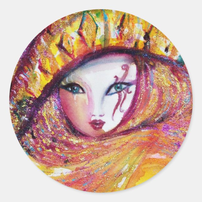 VENETIAN CARNIVAL MASK IN GOLD YELLOW CLASSIC ROUND STICKER (Front)