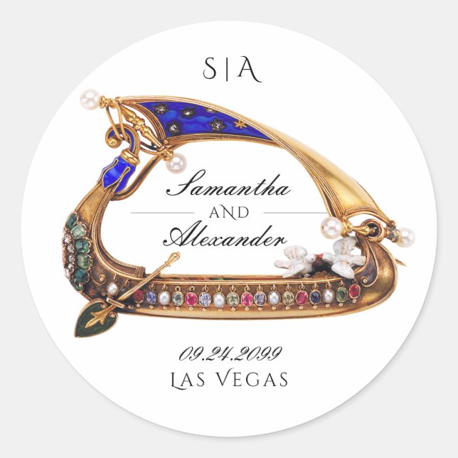 Venetian Gondola Ornate Black & White Wedding Classic Round Sticker (Front)