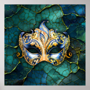 Venetian Mask on Teal-Blue Background Poster