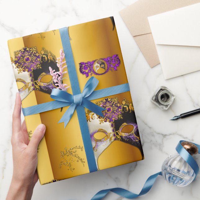 Venetian Masks Purple Jewels Carnivale Gold Wrapping Paper (Gifting)
