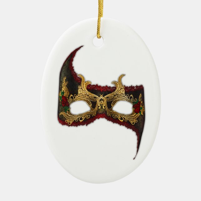 Venetian Masque: Gold and Red Rose Ceramic Ornament (Front)