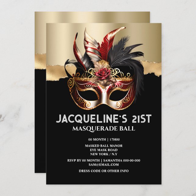 Venetian masquerade birthday glam mask rose chic invitation (Front/Back)