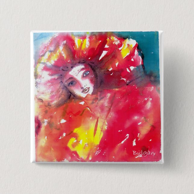 VENETIAN MASQUERADE FACES - MASK IN RED 2 INCH SQUARE BUTTON (Front)