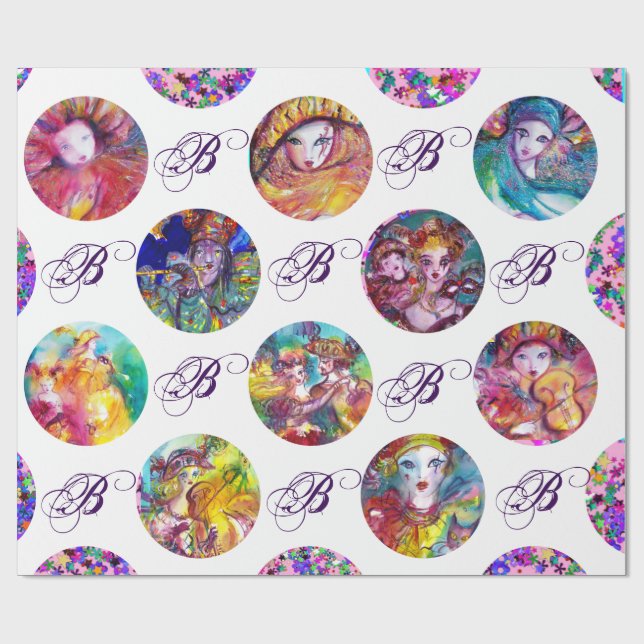 VENETIAN MASQUERADE MARDI GRAS MASKS MONOGRAM WRAPPING PAPER (Flat)