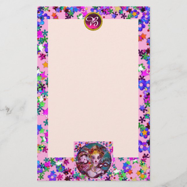 VENETIAN MASQUERADE MASKS,CONFETTI PINK MONOGRAM STATIONERY (Front)