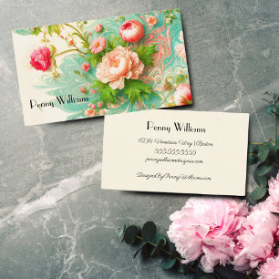 Venetian Pink Peonies With Marble Painting  Business Card