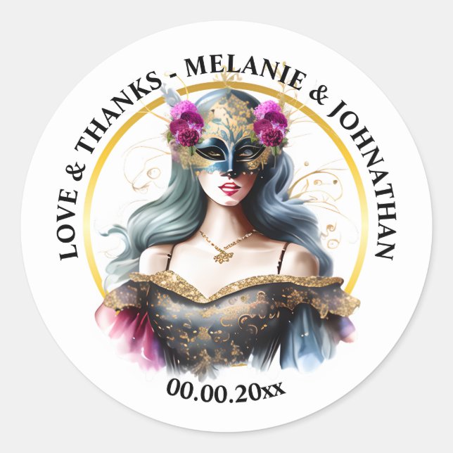 Venetian woman masquerade face mask pink grey classic round sticker (Front)