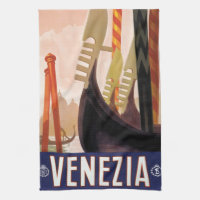 Venezia, Venice, Italy Gondolas Vintage Travel Art