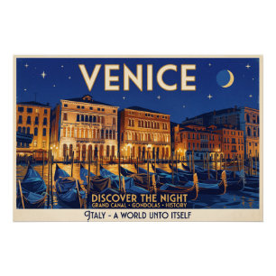 Venice at Night Grand Canal Gondolas Art Poster