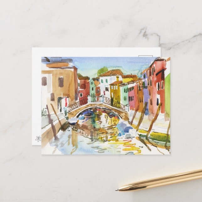 Venice bridge Watercolor art Postcard (Front/Back In Situ)