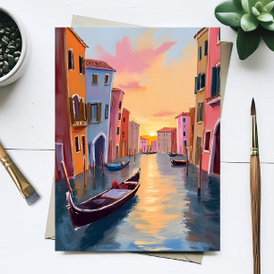 Venice Canal Sunset Gondola Watercolor Travel Postcard