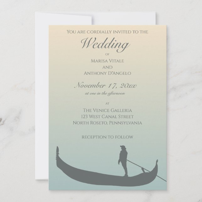 Venice Gondola Silhouette at Sunset Wedding Invitation (Front)
