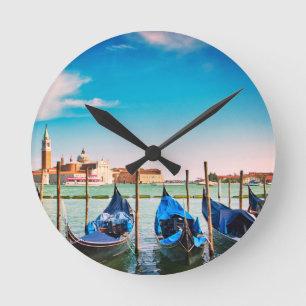 Venice Grand Canal with blue iconic gondolas Round Clock