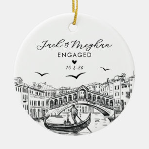 Venice Italy Engaged Gondola Sketch Custom Ceramic Ornament