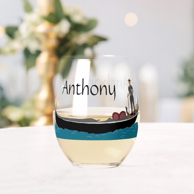 Venice, Italy Gondola and Gondolier Personalized Stemless Wine Glass (Insitu (Wedding))