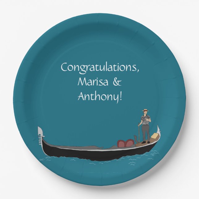 Venice, Italy Gondola and Gondolier Teal Blue Paper Plate (Front)