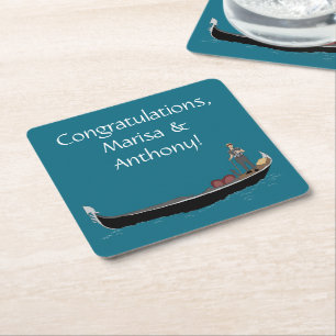 Venice, Italy Gondola and Gondolier Teal Blue Square Paper Coaster