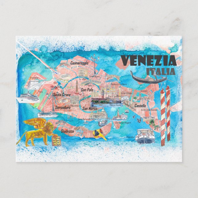 Venice Italy Illustrated Map with Main Canals Postcard (Front)