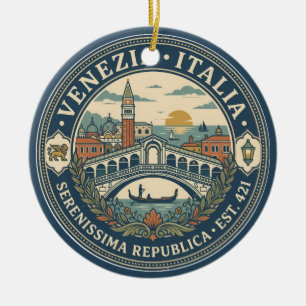 Venice Italy Illustration Travel Art Badge Ceramic Ornament