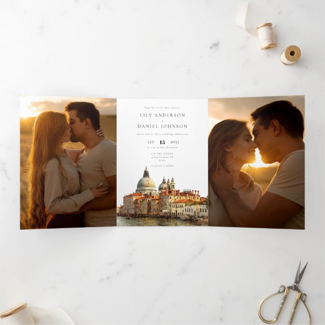 Venice Italy QR Code 3 Photo Wedding Tri-Fold Invitation (Inside)