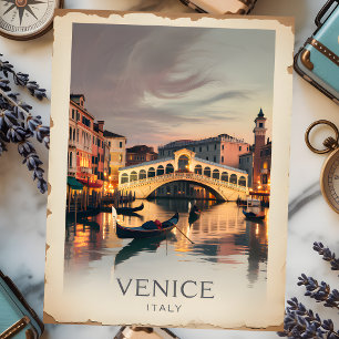 Venice Italy Rialto Bridge Vintage Twilight Rustic Postcard