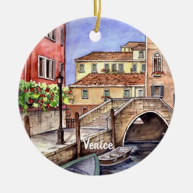 Venice - Pen & Wash Watercolor Ceramic Ornament (Front)