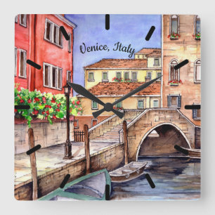 Venice - Pen & Wash Watercolor Painting Square Wall Clock