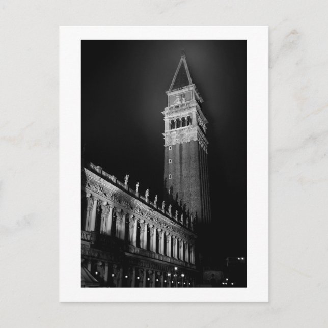 VENICE SAN MARCO TOWER AT NIGHT B/W POSTCARD (Front)