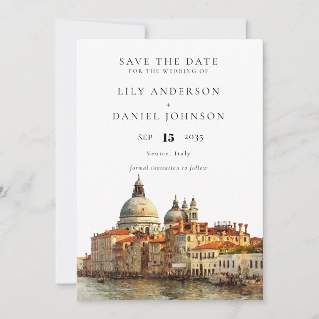 Venice Skyline Watercolor Elegant Wedding Save The Date (Front)