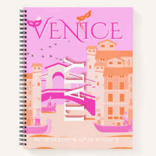 Venice Travel Art, Italy, Travel Art, Retro, Pink Notebook